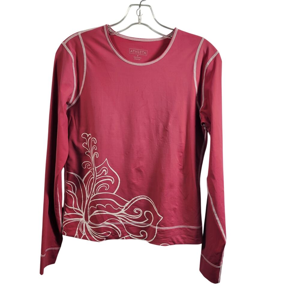 Athleta Pink Long Sleeve Tee Shirt Size 8 White Floral Design 92125-1206 - Picture 9 of 9